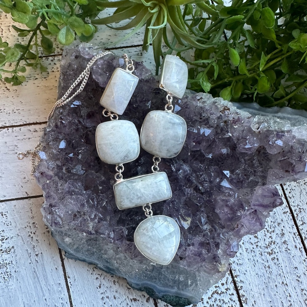 Moonstone Rainbow Flash Geometric Sterling Silver Gemstone Chain Necklace